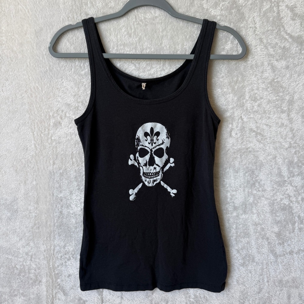 Y2K Skull Tank Top Womens Small Black Grunge Goth Pirate Fairycore Al Goth Emo